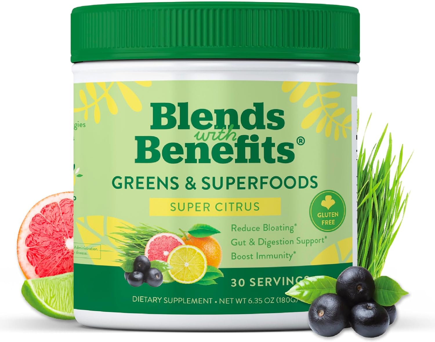 360 Nutrition Blends with Benefits Super Greens Powder w/Probiotics, Digestive Enzymes, Sugar Gluten Free, Plant Based Superfood Drink Mix for Gut Health, Bloating, Immunity, Overall Health, 6.35 oz