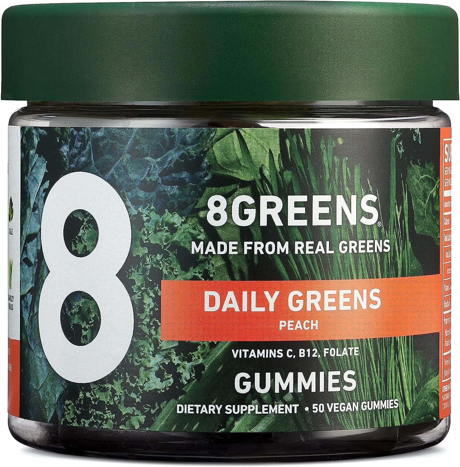 8Greens Daily Green Gummies - Superfood Booster, Energy Immune Support, Made with Real Greens, High in Antioxidants, Vitamin C, B12, Folate, Spirulina, Peach Flavored, 50 Vegan Gummies