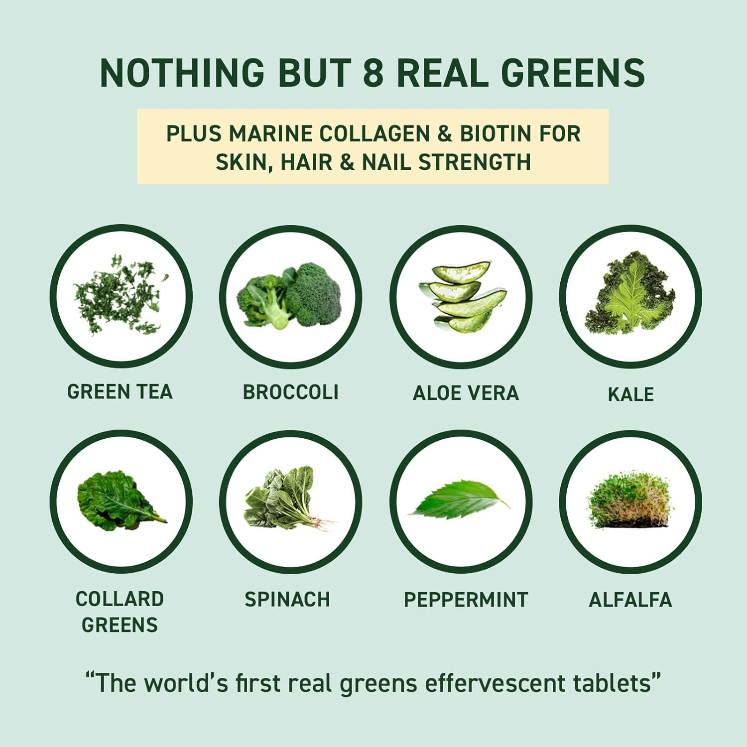 8Greens Daily Greens Skin Effervescent Tablets - for Healthy Skin, Hair, and Nails, Made with Marine Collagen Biotin, Vitamin C, Apple Flavor, 10 Tablets