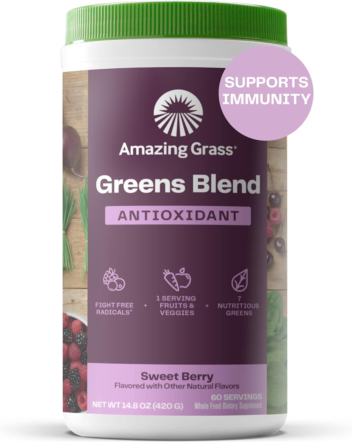 Amazing Grass Greens Blend Antioxidant: Super Greens Powder Smoothie Mix with Organic Spirulina, Beet Root Powder, Elderberry Probiotics, Sweet Berry, 60 Servings (Packaging May Vary)