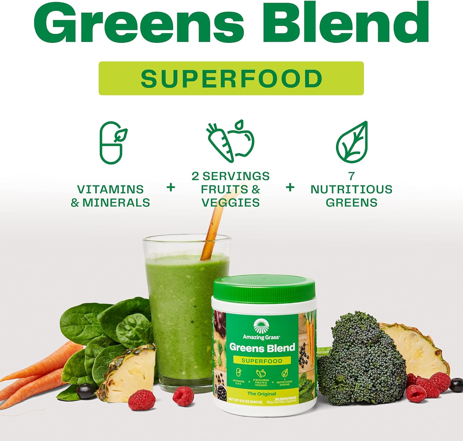 Amazing Grass Greens Blend Superfood: Super Greens Powder Smoothie Mix for Boost Energy ,with Organic Spirulina, Chlorella, Beet Root Powder, Digestive Enzymes Probiotics, Original, 60 Servings