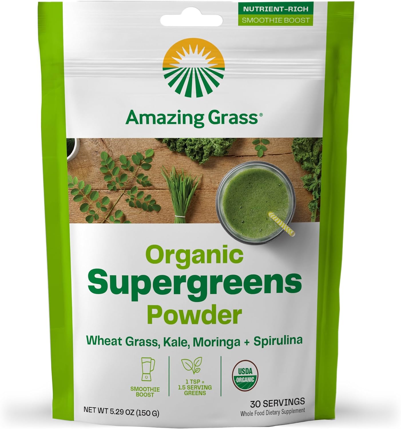 Amazing Grass Super Greens Booster: Greens Powder Smoothie Mix with Spirulina, Moringa, Wheat Grass Kale Smoothie Booster, Chlorophyll Providing Greens, 30 Servings