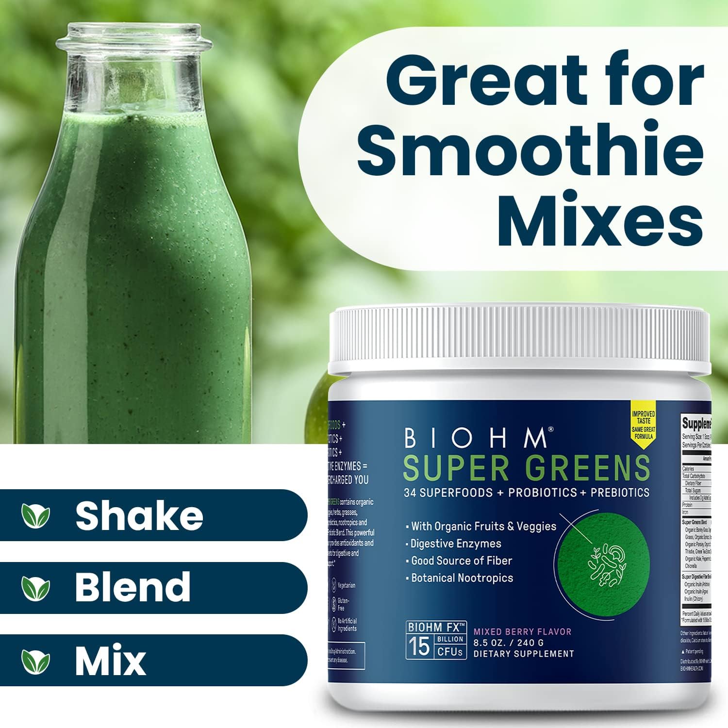 BIOHM Super Greens - Green Superfood Powder Antioxidant Veggie Powder Smoothie Mix with Digestive Enzymes, Spirulina, 34 Superfood with Prebiotics Probiotics | Mixed Berry Flavor (30 Servings)