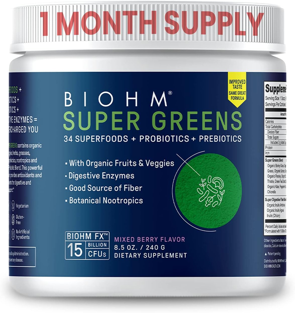 BIOHM Super Greens - Green Superfood Powder Antioxidant Veggie Powder Smoothie Mix with Digestive Enzymes, Spirulina, 34 Superfood with Prebiotics Probiotics | Mixed Berry Flavor (30 Servings)