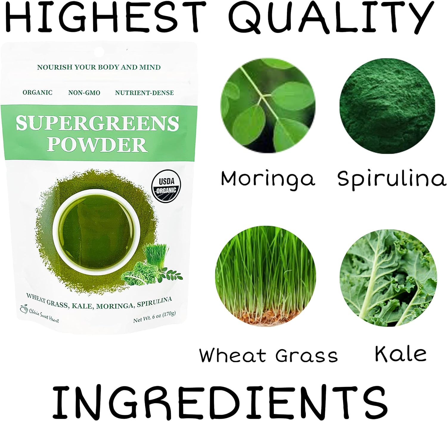 Cherie Sweet Heart Supergreens Powder - Green Superfood - Organic Greens Powder Super Greens - Smoothie Powder - Superfood Powder - Powdered Greens - 6 oz Super Greens Powder - 34 Servings