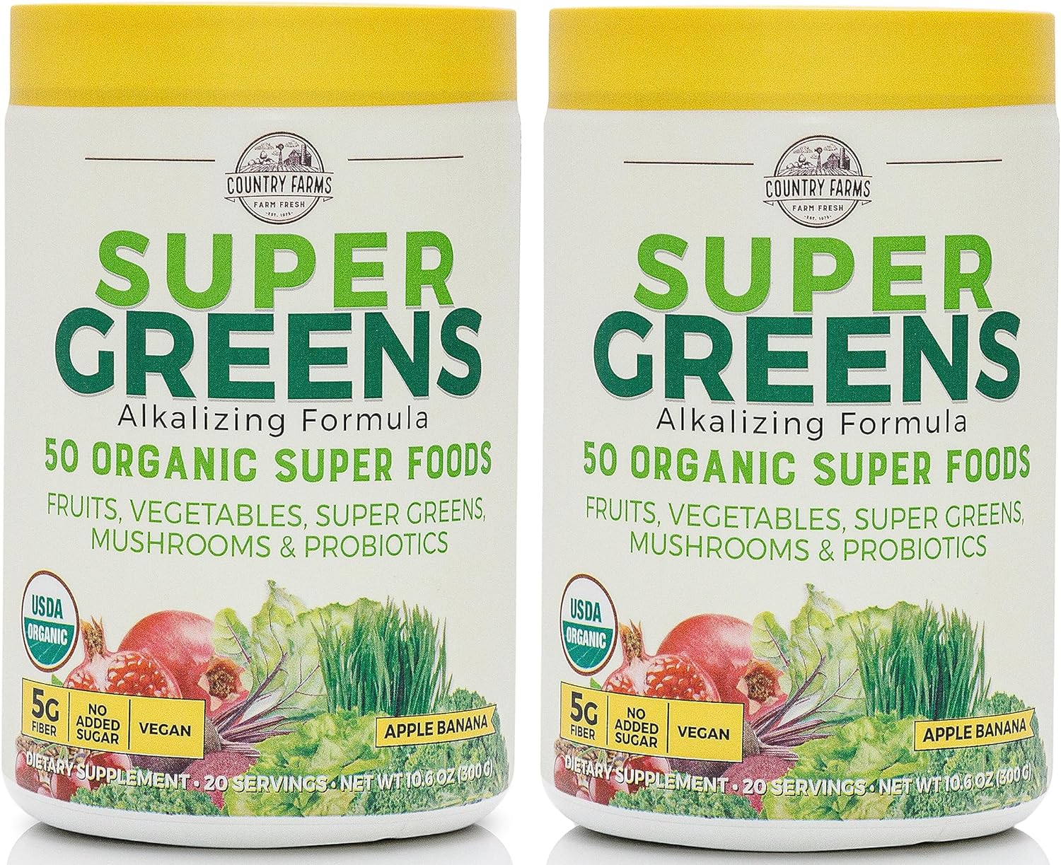 Country Farms Super Greens Apple Banana Powder Smoothie, Organic Super Foods, USDA Organic Drink Mix, Fruits, Vegetables, Mushrooms, Superfood Nutrition, 40 Servings, 2 Pack