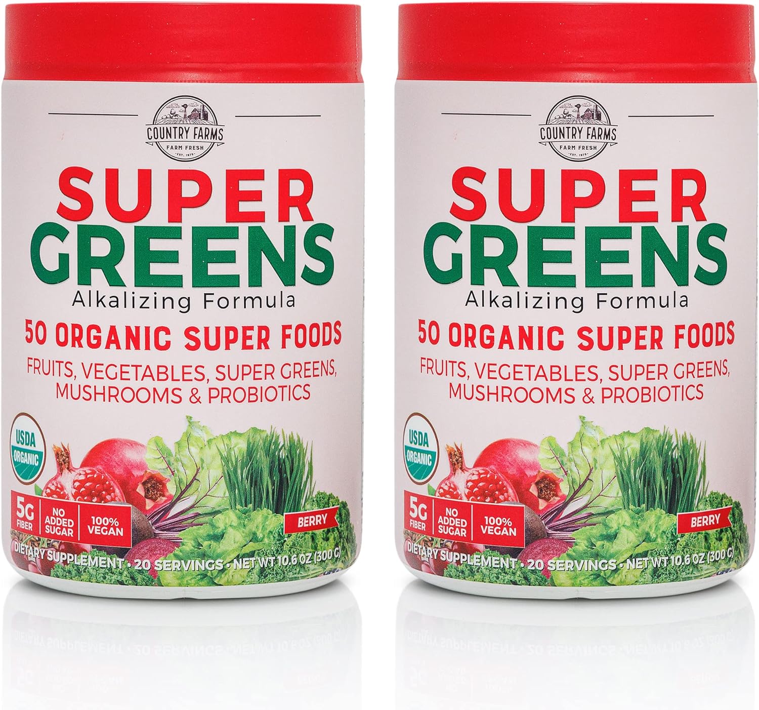 COUNTRY FARMS Super Greens Berry Flavor, 50 Organic Foods, USDA Drink Mix, Multicolor, Multi, 40 Servings, 21 Oz, 2 Pack