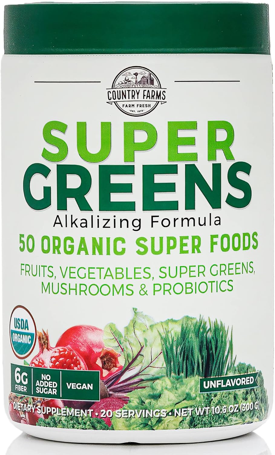 Country Farms Super Greens Natural Flavor, 50 Organic Super Foods, USDA Organic Drink Mix, 20 Servings (Packaging May Vary), 10.6 Oz