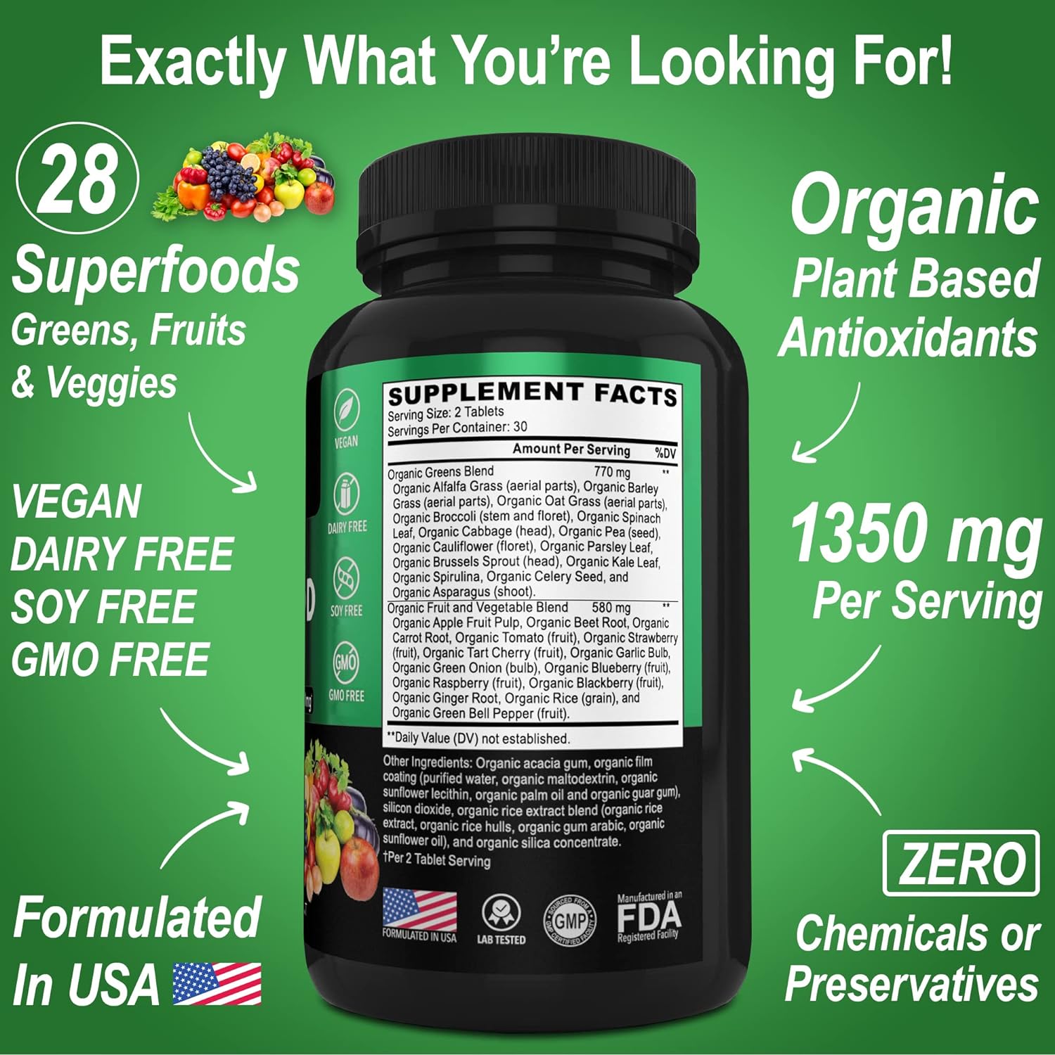 Digestive Enzymes Organic Superfood Greens Fruit - Digestion Enzyme Supplement Pills Super Food Fruits and Veggies Supplement Tablets - Daily Green Veggie Foods Alfalfa, Spinach Spirulina Tabs