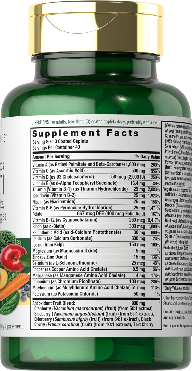 Fruits and Veggies Supplement | 120 Count | Superfood Multivitamin with Probiotics | Made with 20 Fruits and Vegetables | Non-GMO Gluten Free Supplement | by Carlyle