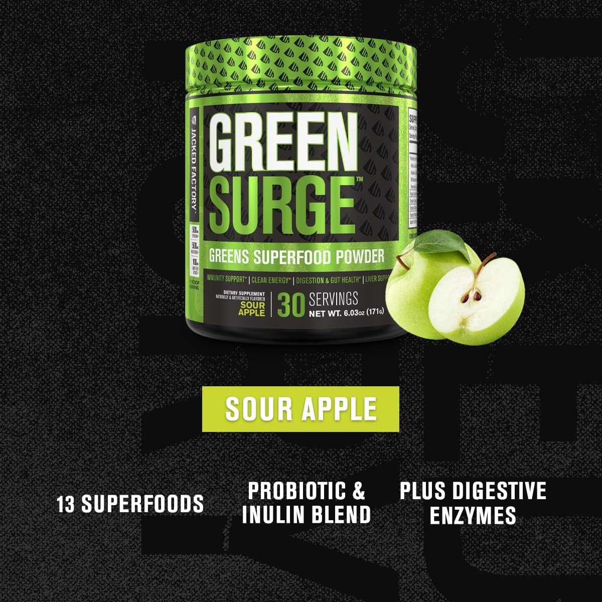 Green Surge Green Superfood Powder Supplement - Keto Friendly Greens Drink w/Spirulina, Wheat Barley Grass, Organic Greens - Green Tea Extract, Probiotics Digestive Enzymes - Sour Apple - 30sv