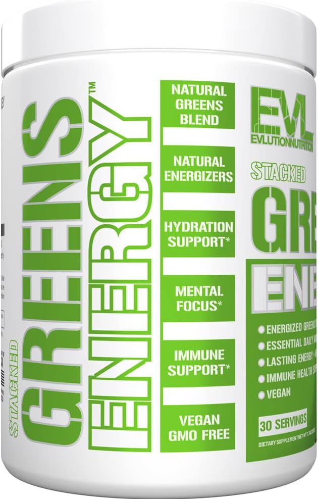 Greens and Superfoods Energy Drink Powder - EVL Super Greens Powder Smoothie Mix with Caffeine Spirulina Chlorella and Wheat Grass - Vegan Greens Superfood Powder for Energy Focus and Immunity