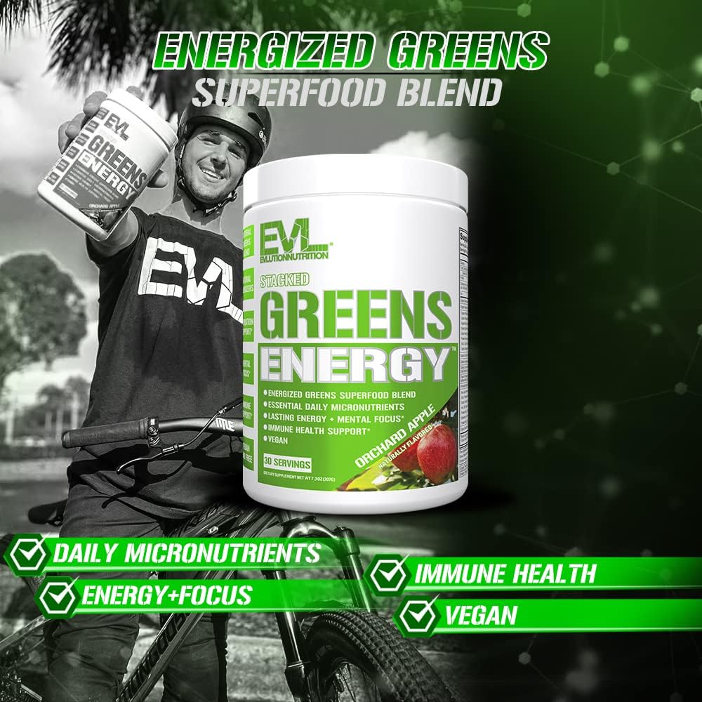 Greens and Superfoods Energy Drink Powder - EVL Super Greens Powder Smoothie Mix with Caffeine Spirulina Chlorella and Wheat Grass - Vegan Greens Superfood Powder for Energy Focus and Immunity