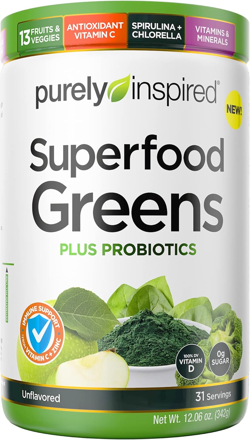 Greens Superfood Power Purely Inspired Superfood Greens Powder Vitamin C Zinc for Immune Support + Vitamin D Smoothie Mix 13 Fruits Vegetables 31 Servings