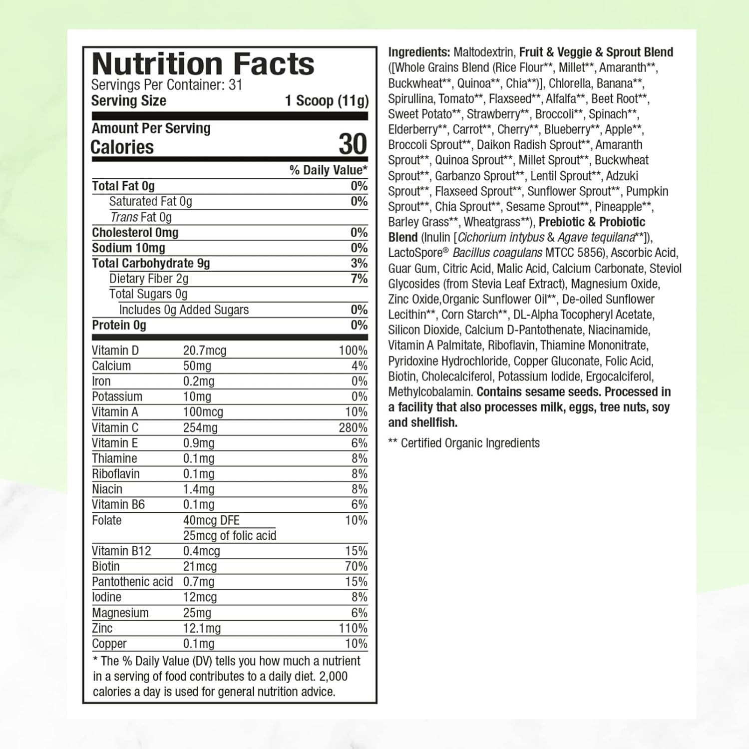 Greens Superfood Power Purely Inspired Superfood Greens Powder Vitamin C Zinc for Immune Support + Vitamin D Smoothie Mix 13 Fruits Vegetables 31 Servings