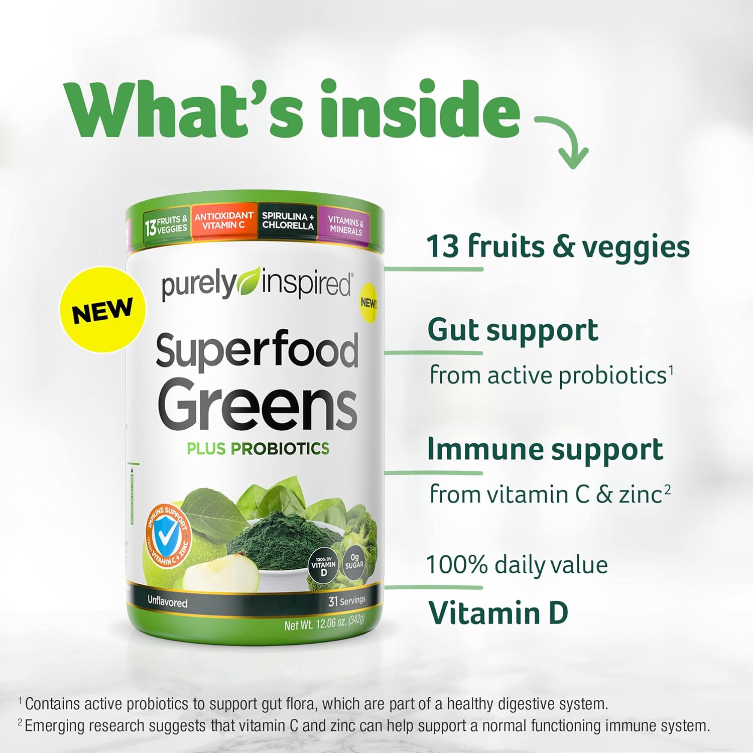 Greens Superfood Power Purely Inspired Superfood Greens Powder Vitamin C Zinc for Immune Support + Vitamin D Smoothie Mix 13 Fruits Vegetables 31 Servings