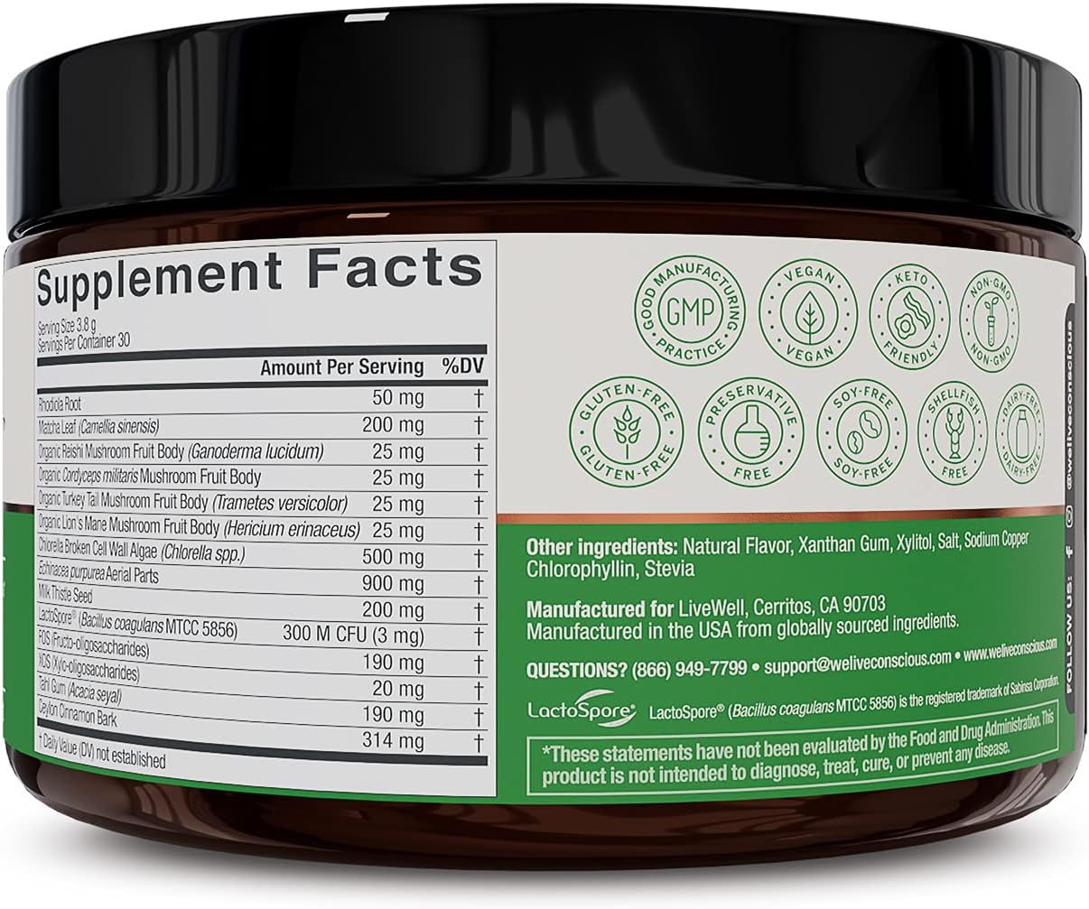 Live Conscious Beyond Greens Super Greens Powder Superfood - Delicious Debloating Green Powder - Matcha Greens Blend Superfood Powder w/Chlorella, Echinacea, Probiotics for Immune Support Energy