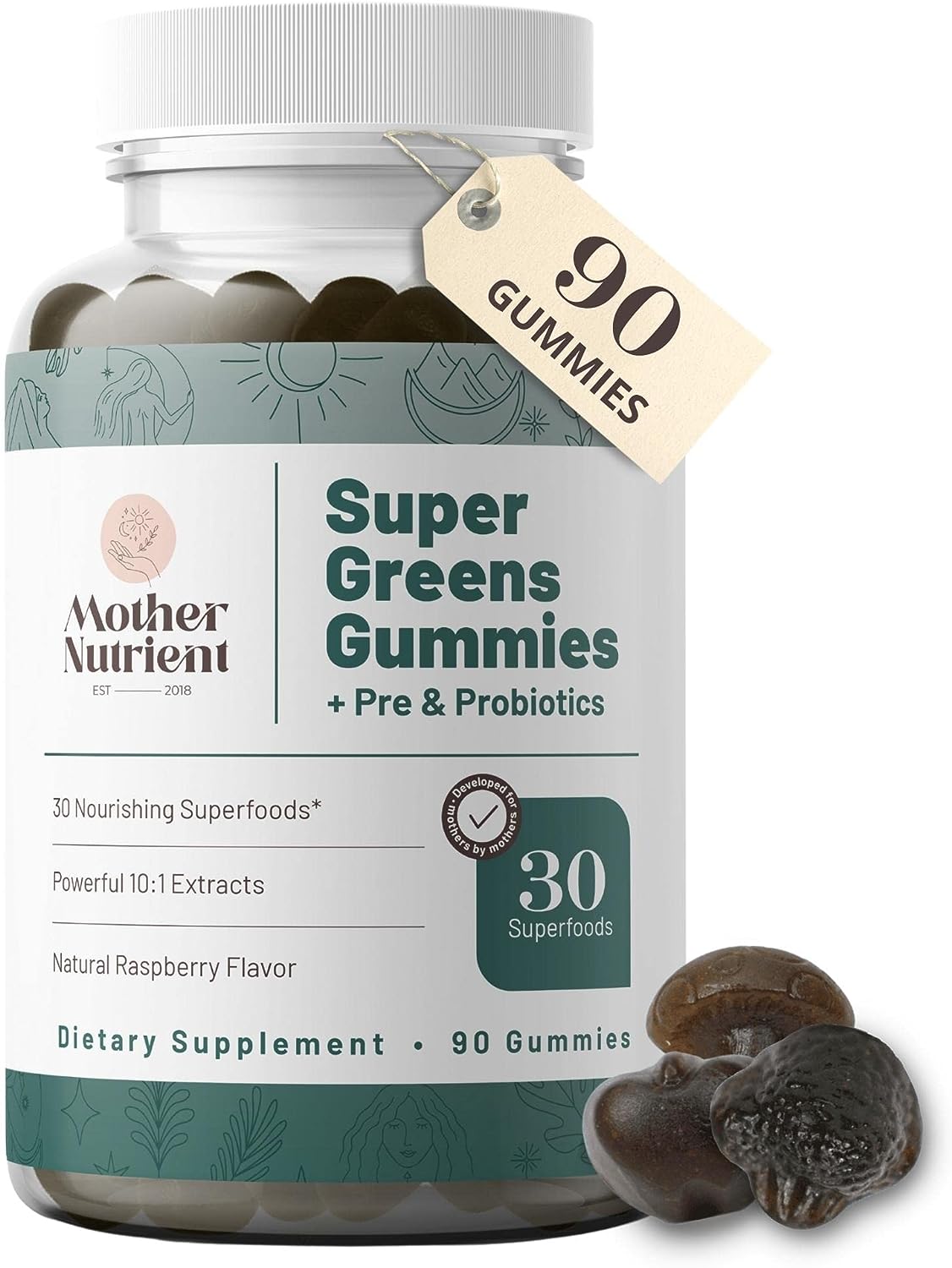 Mother Nutrient Super Greens Gummies with Prebiotics Probiotics Not 8, but 30 Powerful Greens Superfoods — Womens Multivitamin Gummy, Veggie Vitamins for Adults — (90 Gummies)
