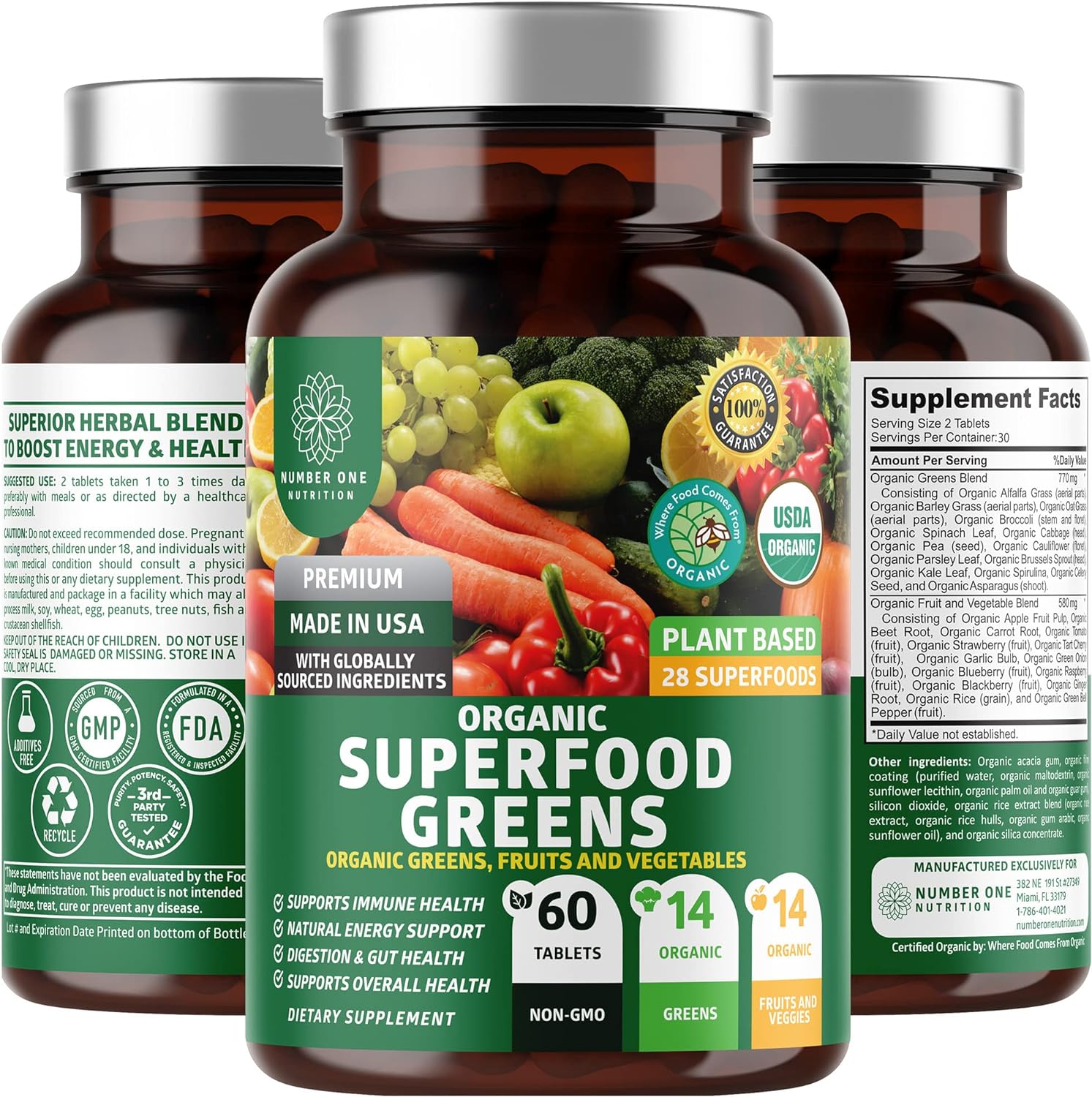 N1N Premium Organic Superfood Greens [28 Powerful Ingredients] Natural Fruit and Veggie Supplement with Alfalfa, Beet Root and Ginger to Boost Energy, Immunity and Gut Health, Made in USA, 60 Ct