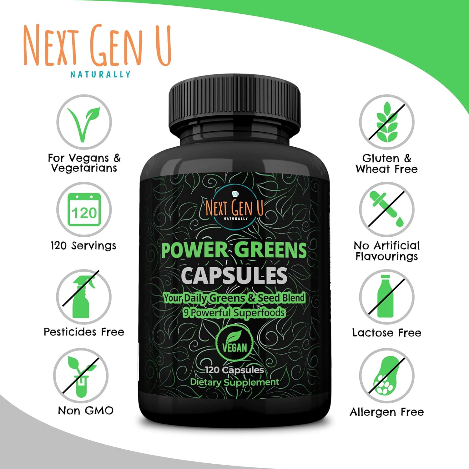 NGU Super Greens Immune System Support 500 mg 120 Vegan Capsules Contains Mixed Superfoods for Daily Booster Healthy Keto Blend w/Acai, Wheatgrass, Guarana, Chlorella, Flaxseed, Matcha, Maca