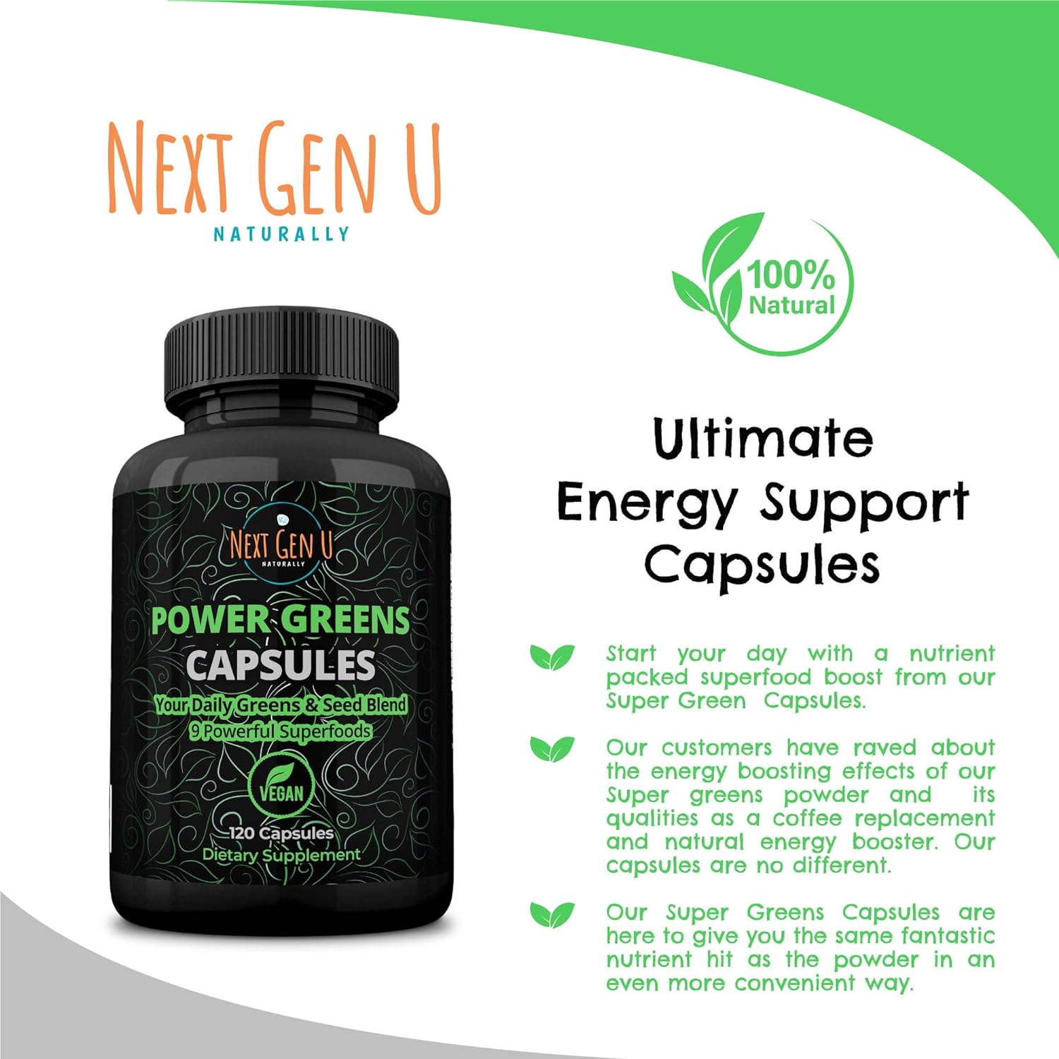 NGU Super Greens Immune System Support 500 mg 120 Vegan Capsules Contains Mixed Superfoods for Daily Booster Healthy Keto Blend w/Acai, Wheatgrass, Guarana, Chlorella, Flaxseed, Matcha, Maca