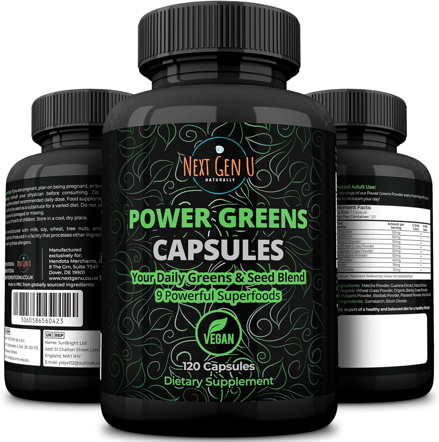 NGU Super Greens Immune System Support 500 mg 120 Vegan Capsules Contains Mixed Superfoods for Daily Booster Healthy Keto Blend w/Acai, Wheatgrass, Guarana, Chlorella, Flaxseed, Matcha, Maca