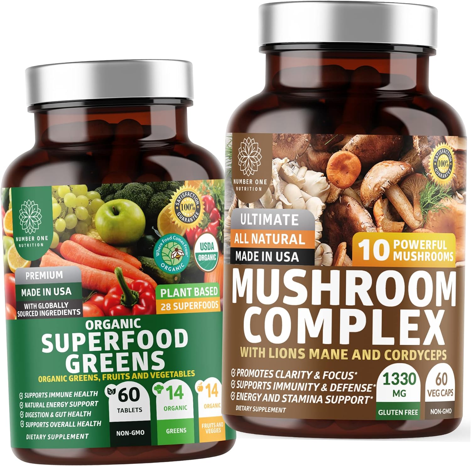 Number One Nutrition N1N Premium Mushroom Complex [10x Powerful] and Organic Superfood Greens to Support Brain Functions and Overall Wellness, 2 Pack Bundle