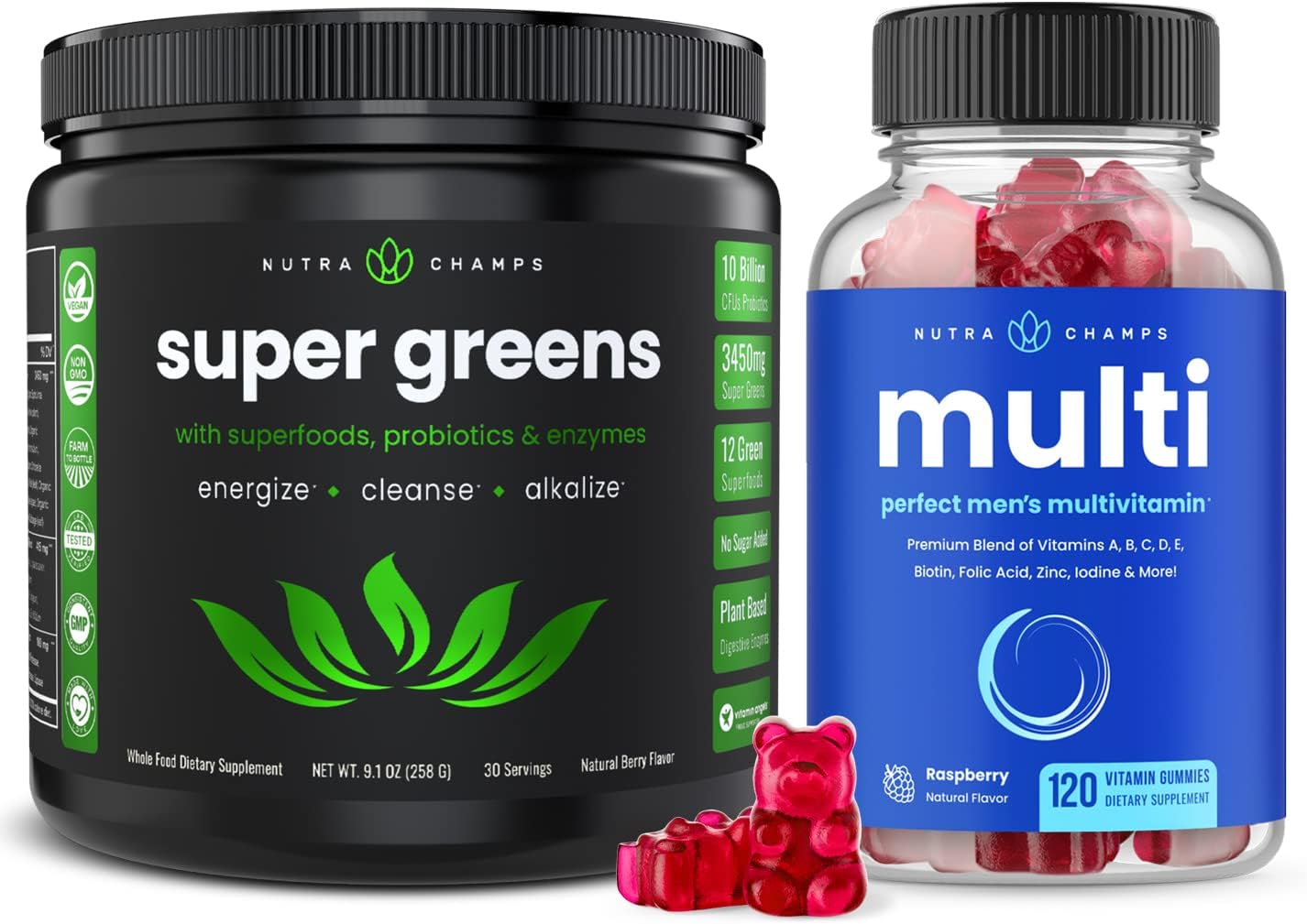 NutraChamps Super Greens Powder and (2-Pack) Mens Multivitamin Gummies Bundle