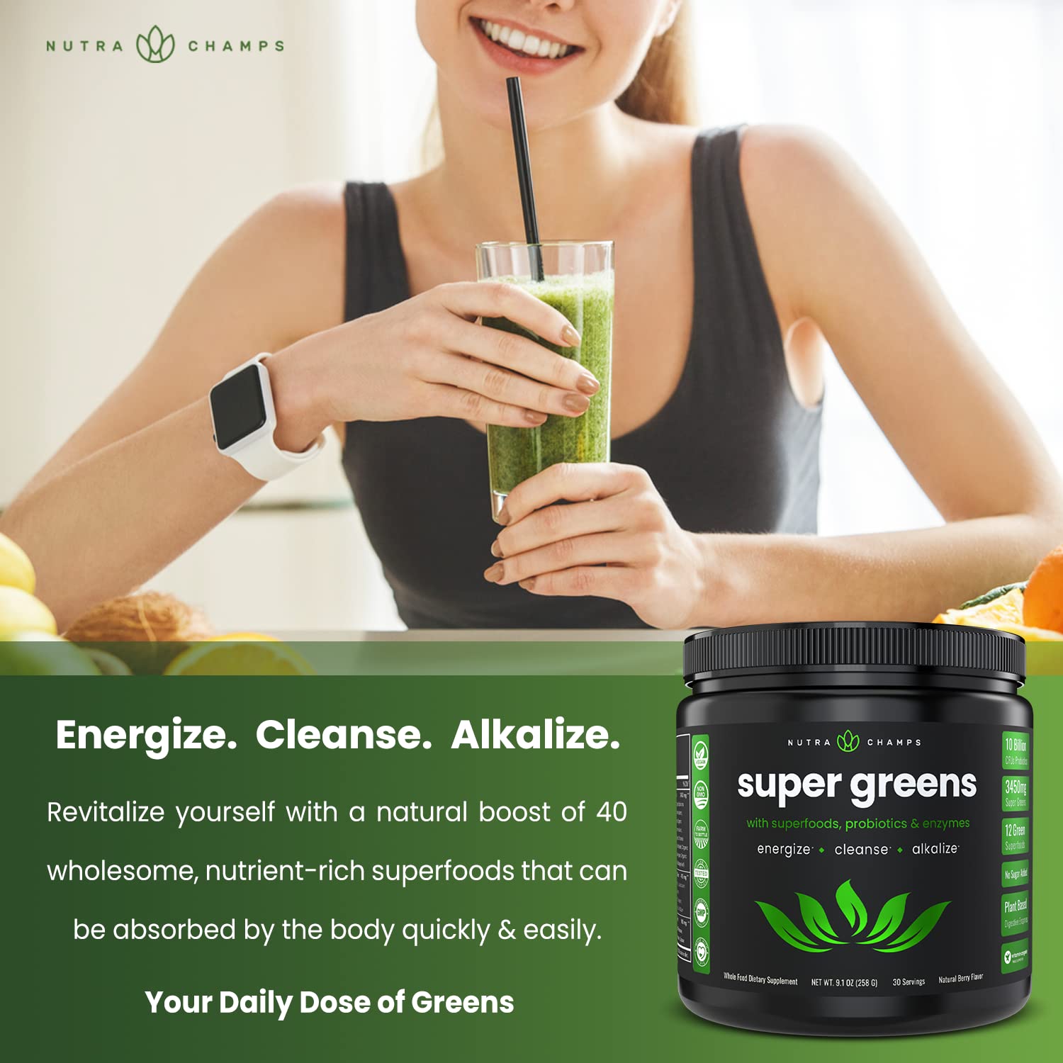 NutraChamps Super Greens Powder Premium Superfood | 20+ Organic Green Veggie Whole Foods | Wheat Grass, Spirulina, Chlorella More | Antioxidant, Digestive Enzyme Probiotic Blends