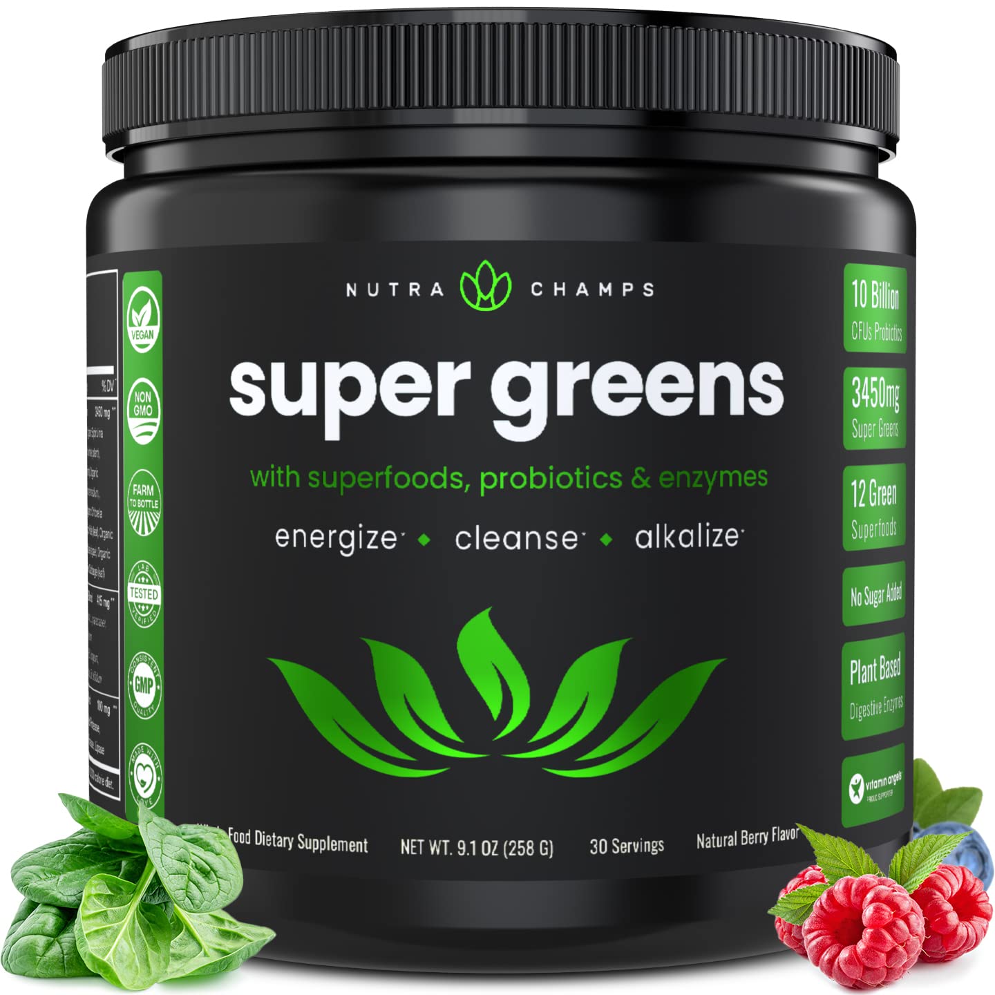 NutraChamps Super Greens Powder Premium Superfood | 20+ Organic Green Veggie Whole Foods | Wheat Grass, Spirulina, Chlorella More | Antioxidant, Digestive Enzyme Probiotic Blends