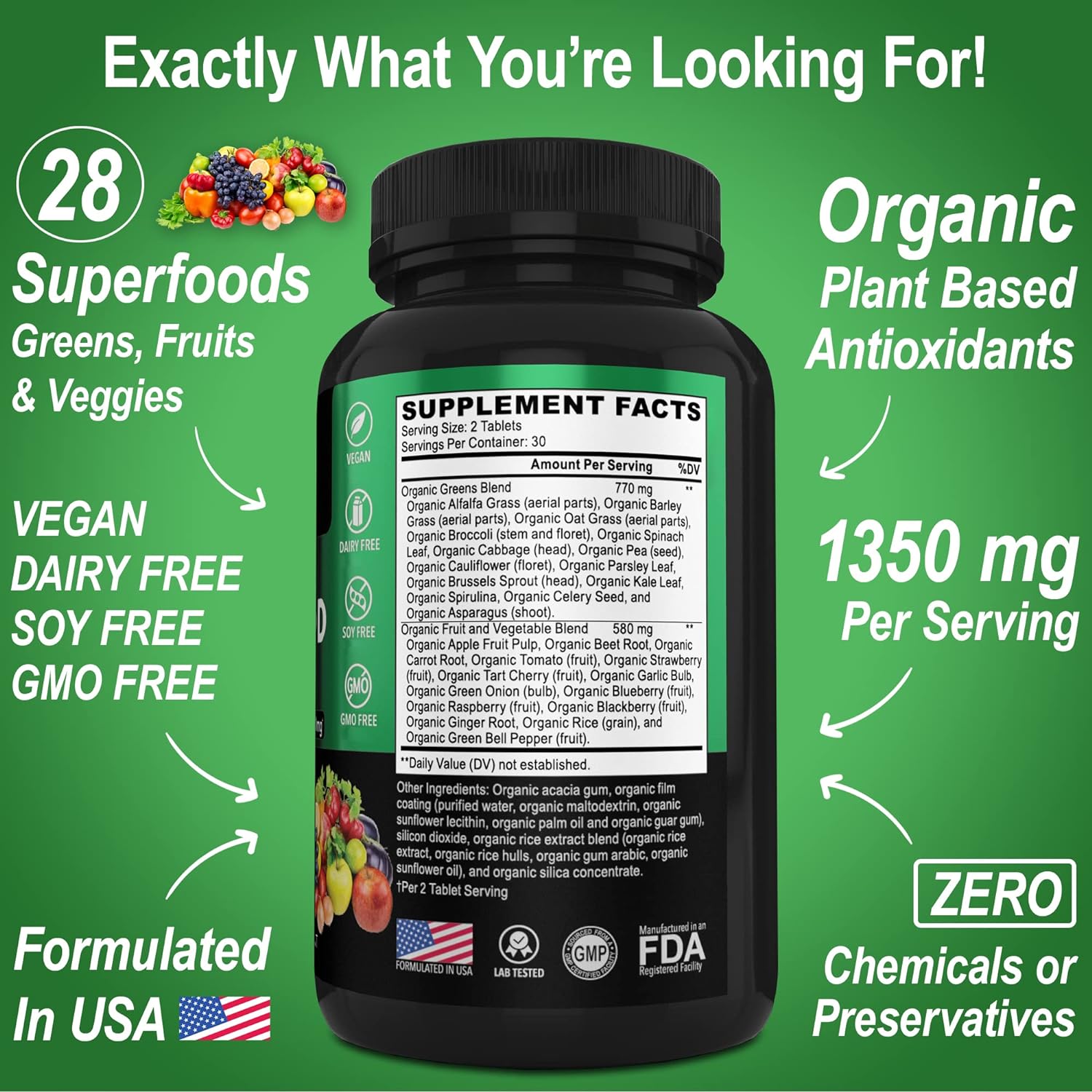 Organic Superfood Greens Fruit Supplements - Energy Super Food Fruits and Veggies Supplement Tablets - Daily Green Veggie Powder Blend Plus Vegetable Foods Alfalfa, Spinach, Cabbage Spirulina Tabs