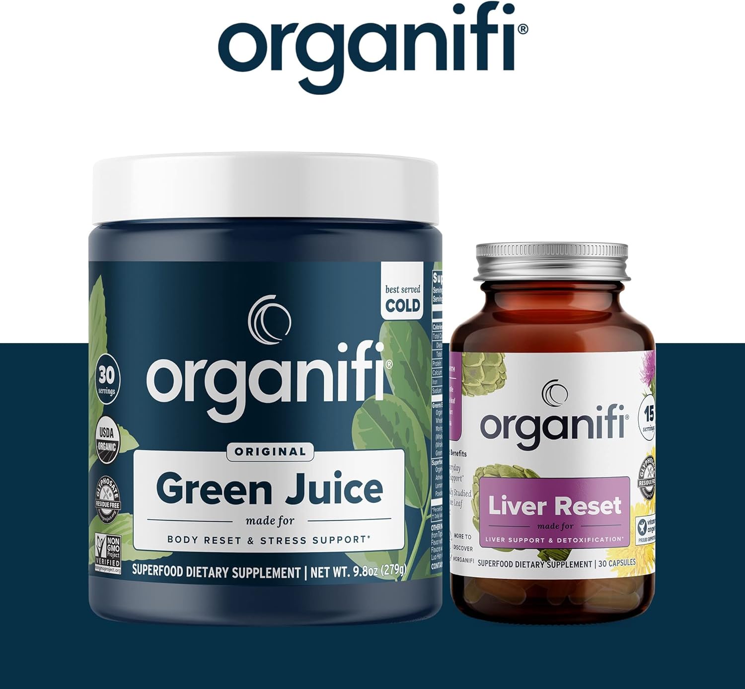 Organifi Green Juice Superfood Powder (30 Servings) and Liver Reset (30 Capsules) Weight Control, Detox Cleanse, Stress Relief, Digestive and Immunity Support - Gluten Free, Vegan, Whole Food