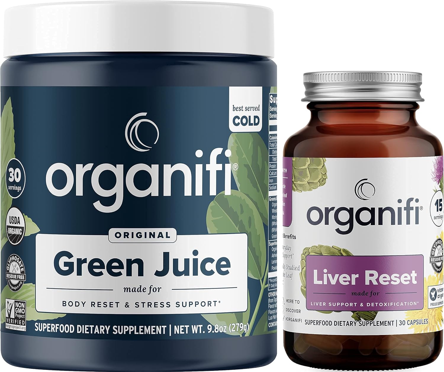 Organifi Green Juice Superfood Powder (30 Servings) and Liver Reset (30 Capsules) Weight Control, Detox Cleanse, Stress Relief, Digestive and Immunity Support - Gluten Free, Vegan, Whole Food