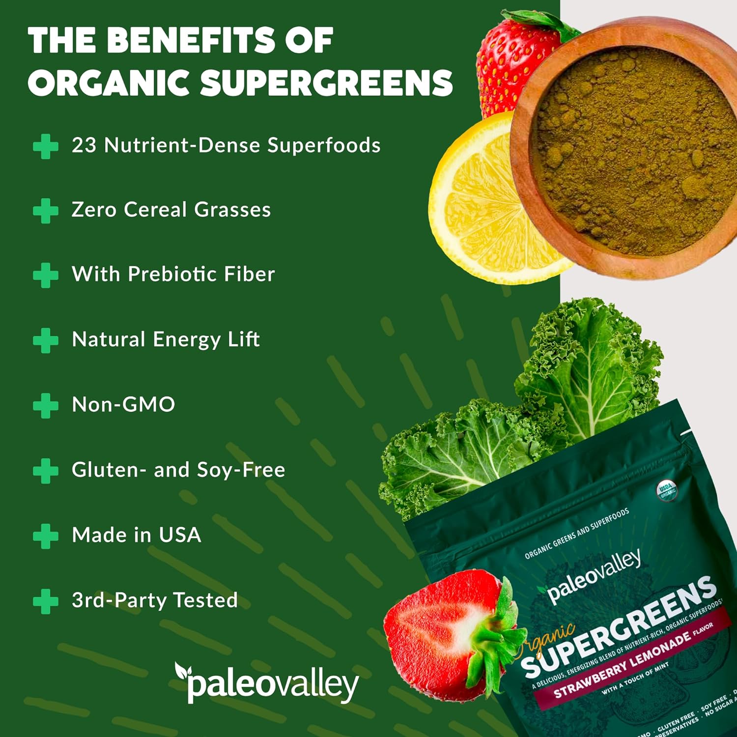 Paleovalley Organic Supergreens - Organic Greens Powder Superfood for Immune Support - Paleo Green Powder Blend - 28 Servings - 23 Organic Superfoods - Gluten Free, No Cereal Grasses, Soy or Grain