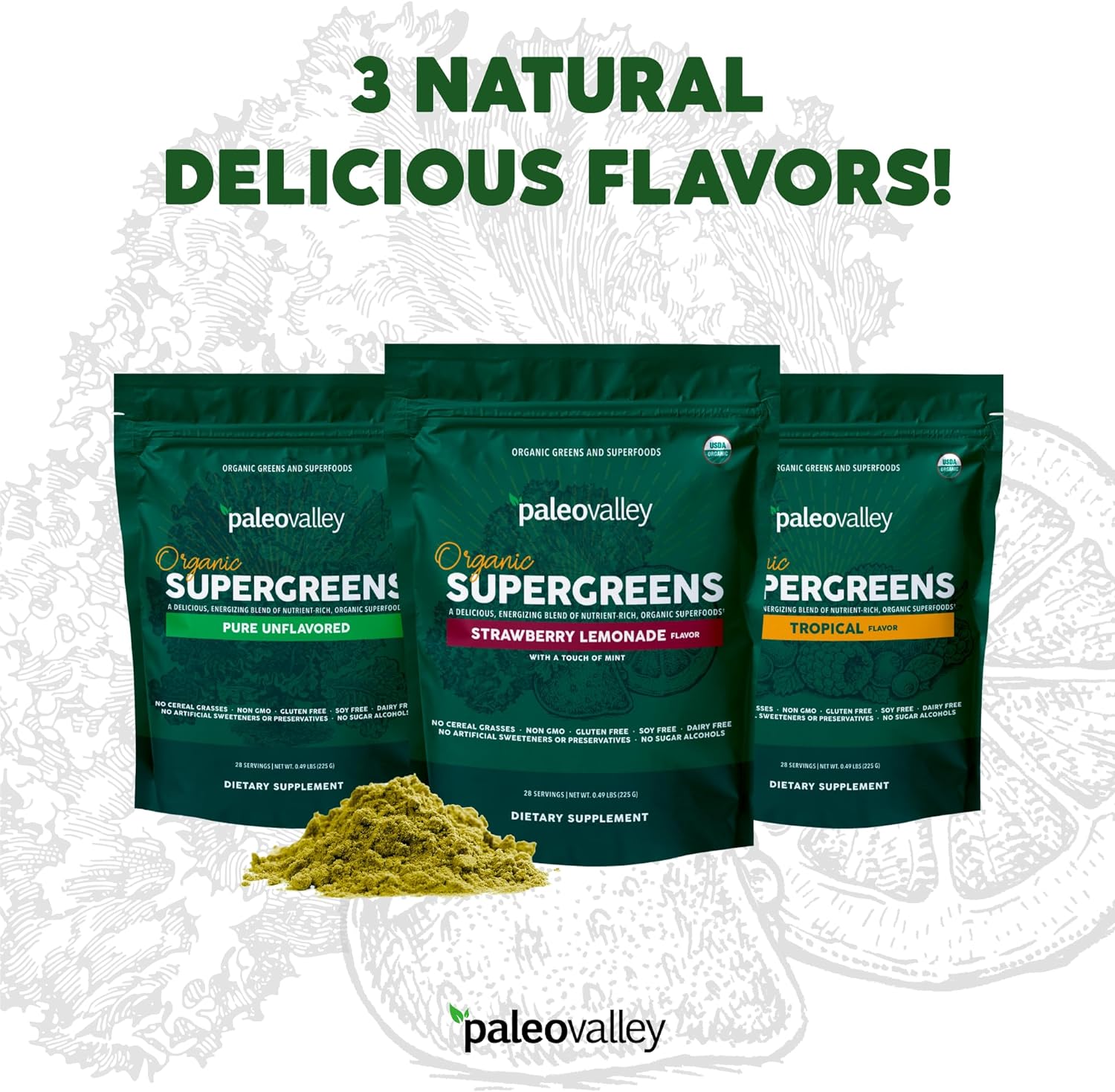 Paleovalley Organic Supergreens - Organic Greens Powder Superfood for Immune Support - Paleo Green Powder Blend - 28 Servings - 23 Organic Superfoods - Gluten Free, No Cereal Grasses, Soy or Grain