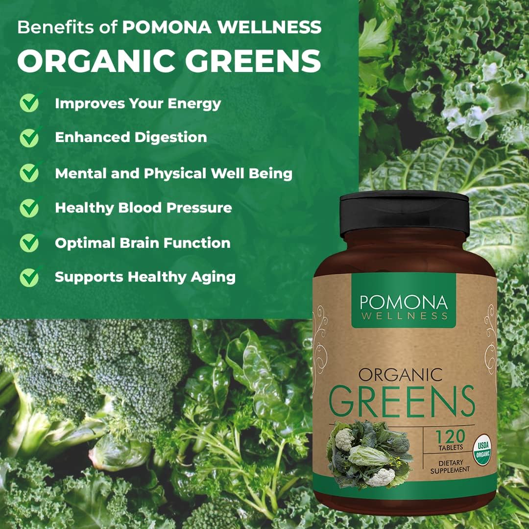 Pomona Wellness Super Greens Supplement, Full Of Superfood Vitamins Minerals, Fruits Vegetable, Greens Powder for Bloating and Digestion, Gut Health, USDA Organic, Non-GMO, 120 Tablets