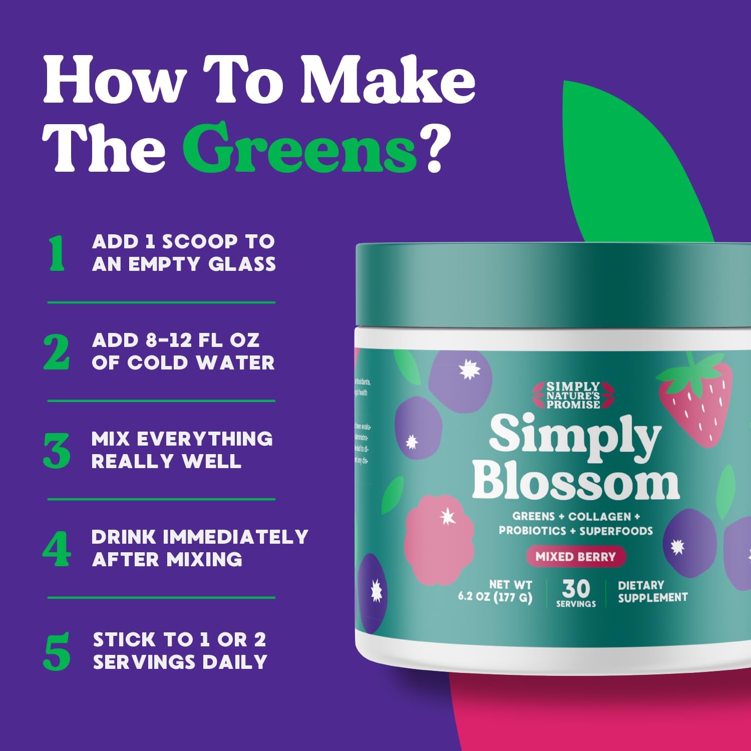 Simply Natures Promise Blossom Nutrition Daily Greens Superfood Powder + Collagen + Probiotics for Womens Digestive Health Bloating Relief. Help Your Health Bloom - 30 Day Supply