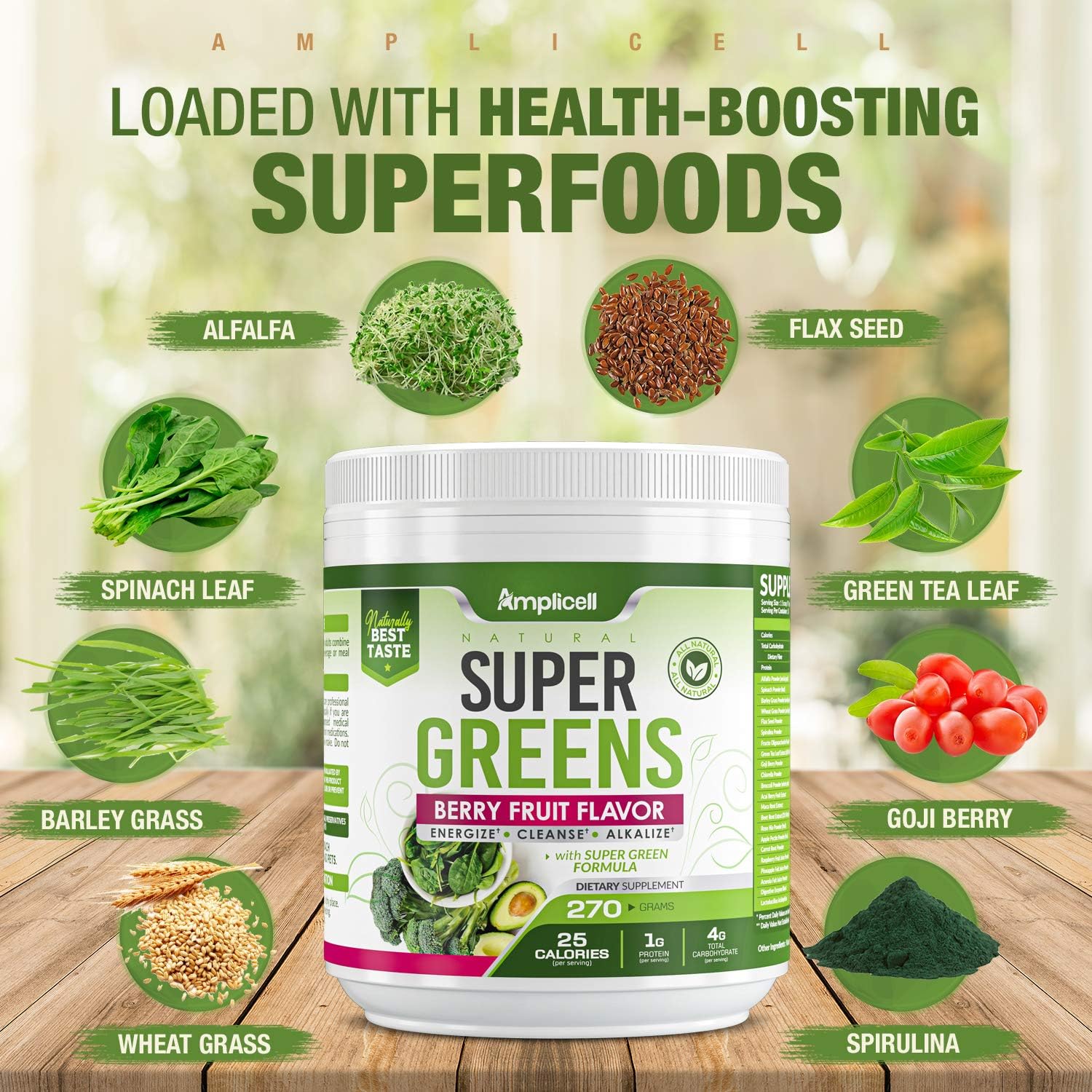 Super Greens Powder - Organic Green Superfood Powder Juice w/ Spirulina, Chlorella, Wheat Grass - Daily Green Vegetable Powder Drink Mix - Antioxidant, Digestive Enzyme Probiotic Blends – 271g