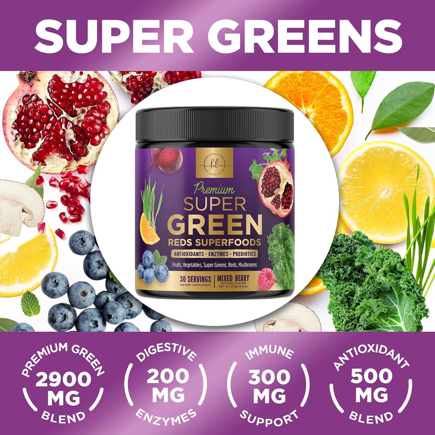 Super Greens Powder Superfood Supplement, Greens Blend Smoothie Mix with Antioxidants, Digestive Enzymes Spirulina, Wheat Grass, Chlorella, Beets - Vegan, Non-GMO, Berry Flavor - 30 Servings