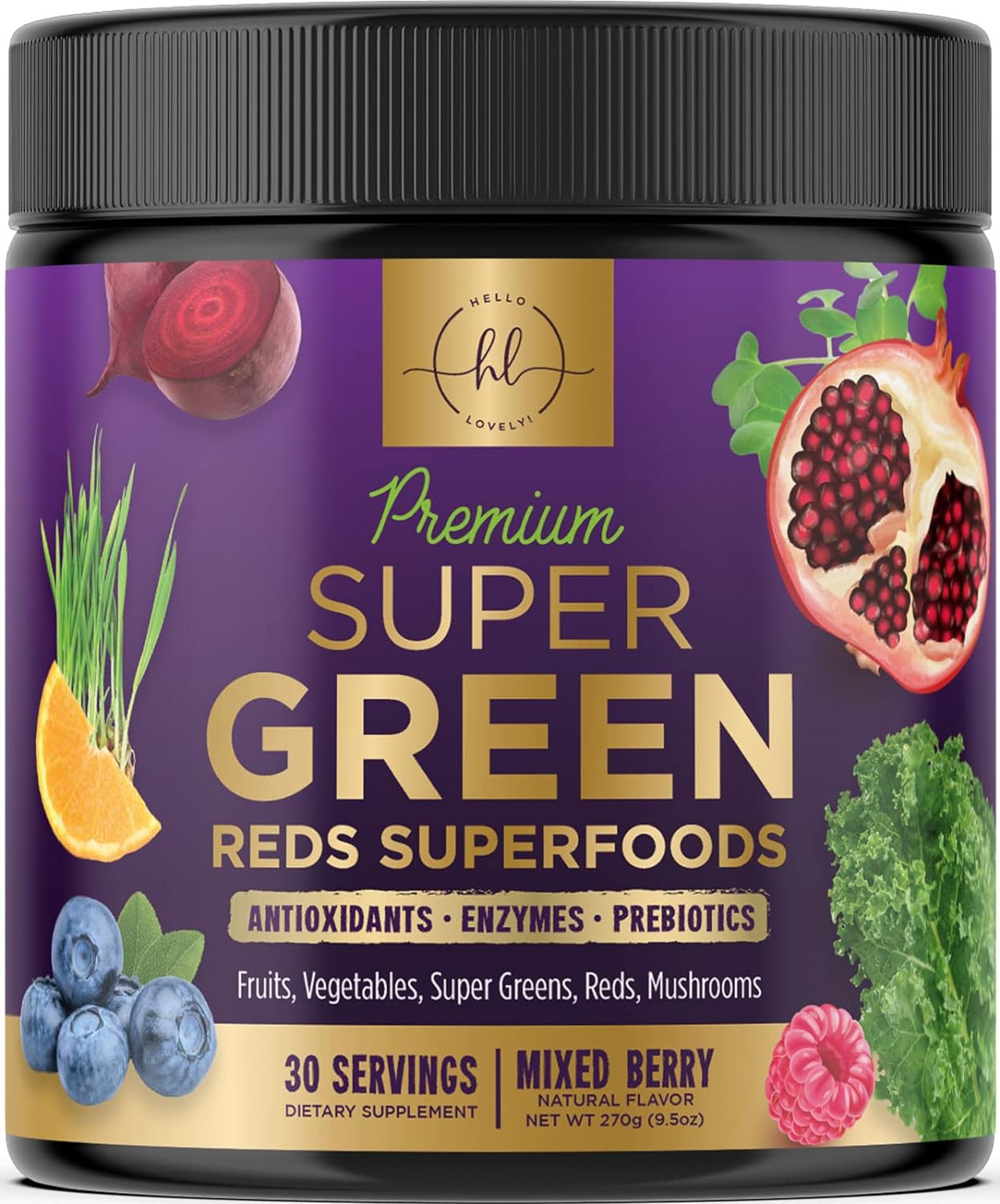 Super Greens Powder Superfood Supplement, Greens Blend Smoothie Mix with Antioxidants, Digestive Enzymes Spirulina, Wheat Grass, Chlorella, Beets - Vegan, Non-GMO, Berry Flavor - 30 Servings