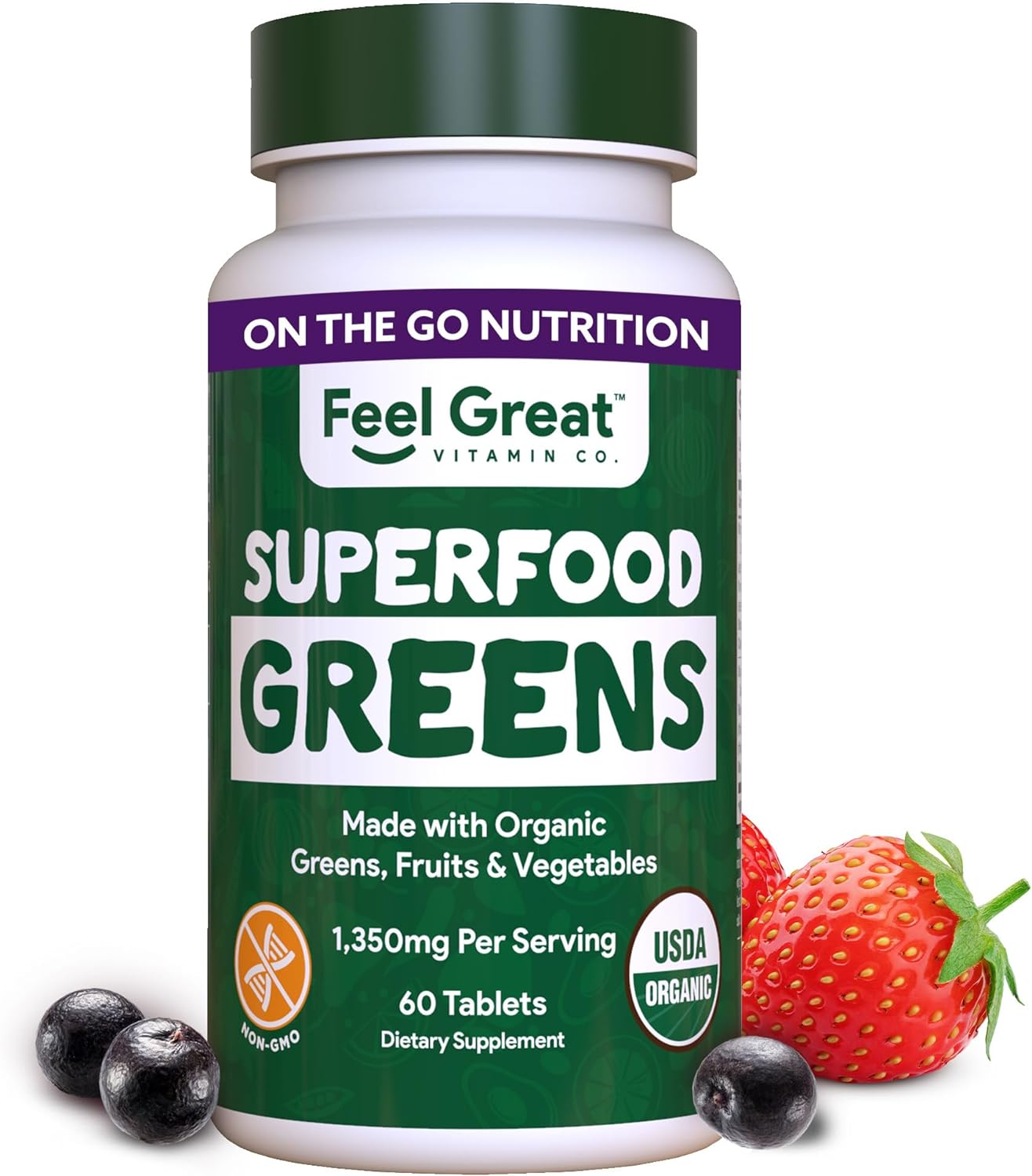 Superfood Greens by Feel Great Vitamin Co. | Organic Greens, Fruits and Veggies Supplement | Fruit and Veggie Supplement with Kale, Spinach Extract, Green Onion, and More, 60 Tablets