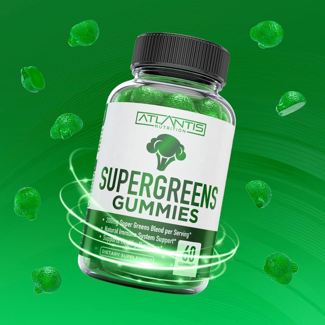 Supergreens Gummies - Daily Green Superfoods Supplement with Spinach, Broccoli, Moringa, Beet Root, Celery, Green Tea, Acai for Immunity Support - Natural Raspberry Flavor, 60 Supergreen Gummies