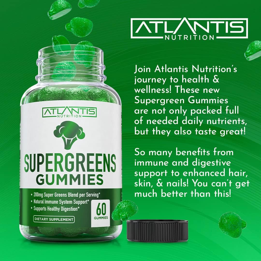 Supergreens Gummies - Daily Green Superfoods Supplement with Spinach, Broccoli, Moringa, Beet Root, Celery, Green Tea, Acai for Immunity Support - Natural Raspberry Flavor, 60 Supergreen Gummies