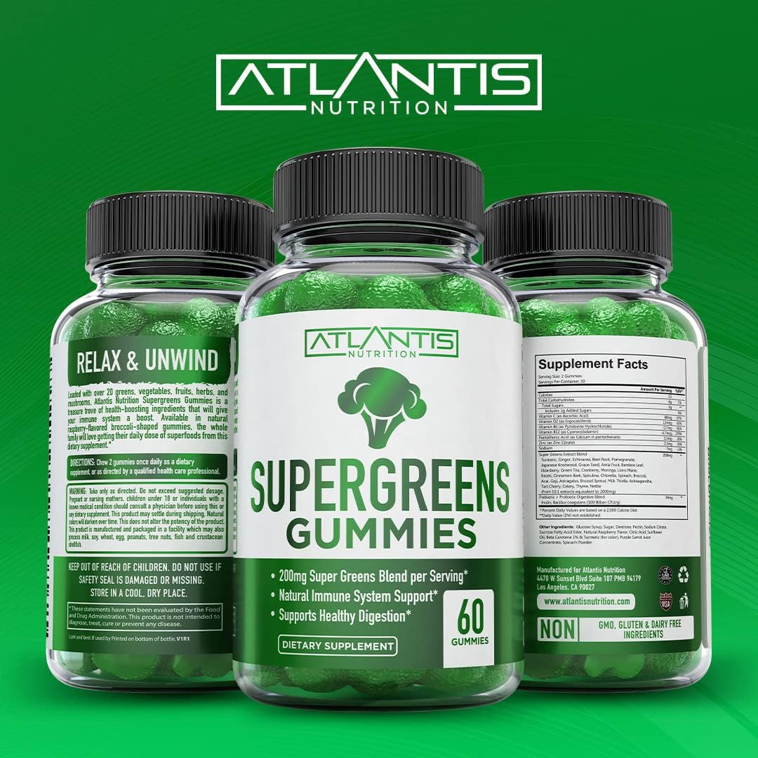 Supergreens Gummies - Daily Green Superfoods Supplement with Spinach, Broccoli, Moringa, Beet Root, Celery, Green Tea, Acai for Immunity Support - Natural Raspberry Flavor, 60 Supergreen Gummies