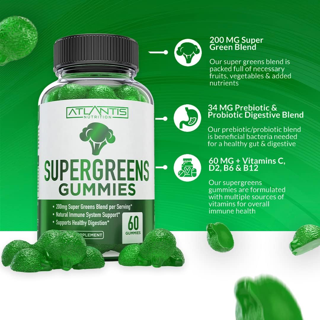 Supergreens Gummies - Daily Green Superfoods Supplement with Spinach, Broccoli, Moringa, Beet Root, Celery, Green Tea, Acai for Immunity Support - Natural Raspberry Flavor, 60 Supergreen Gummies