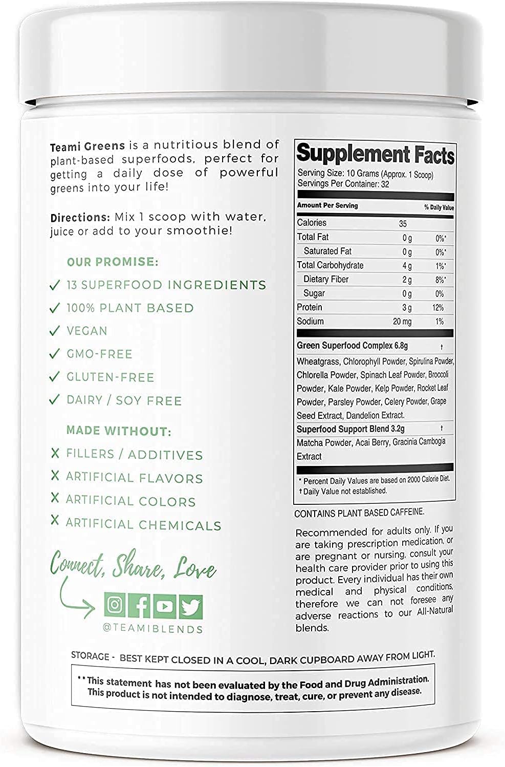 Teami Greens Superfood Powder, Bloat Reliefing and Digestive Health Supplement, Super Greens Powder with Mixed Veggie Organic Greens Juice with Spirulina, Spinach, Kale Acai for Smoothie Mix