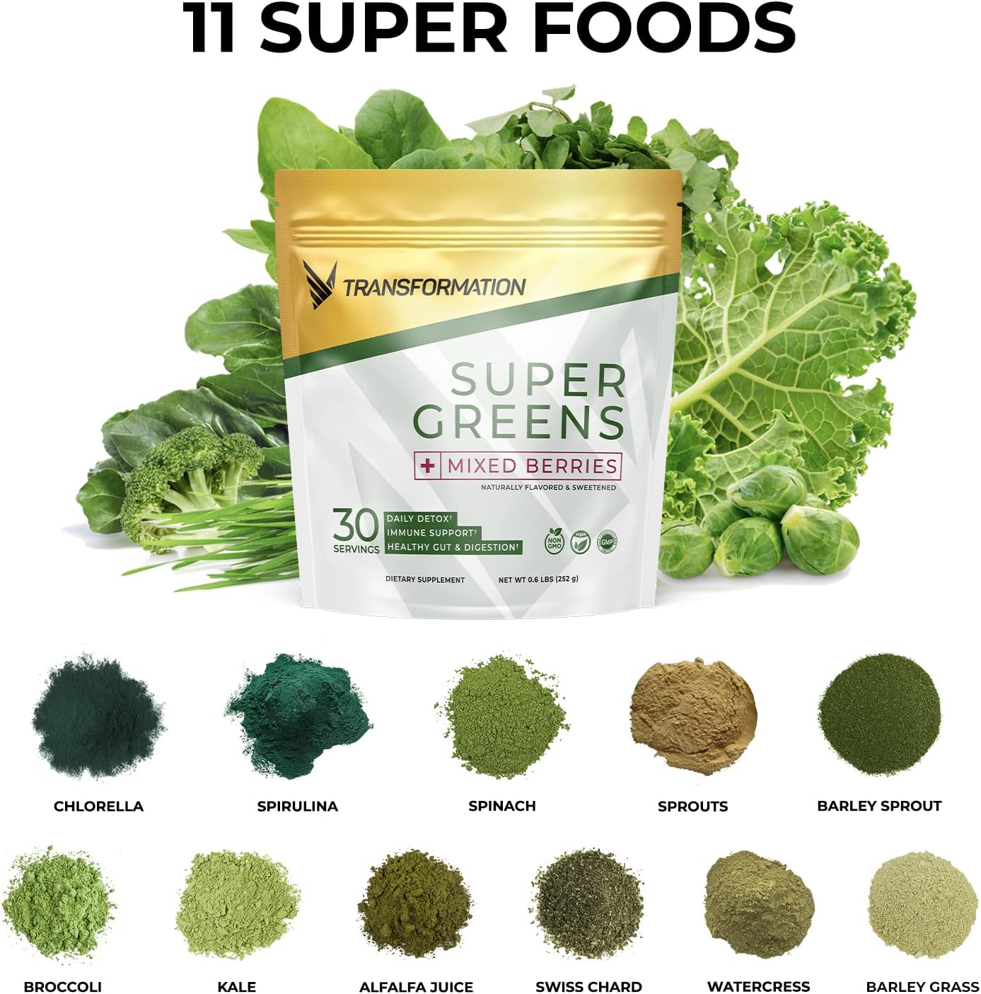 Transformation Super Greens Superfood Green Juice Powder - Immune Energy Support | Natural Ingredients | Detoxifying Alkalizing Minerals - Spirulina, Chlorella, Wheatgrass, Spinach, Alfalfa