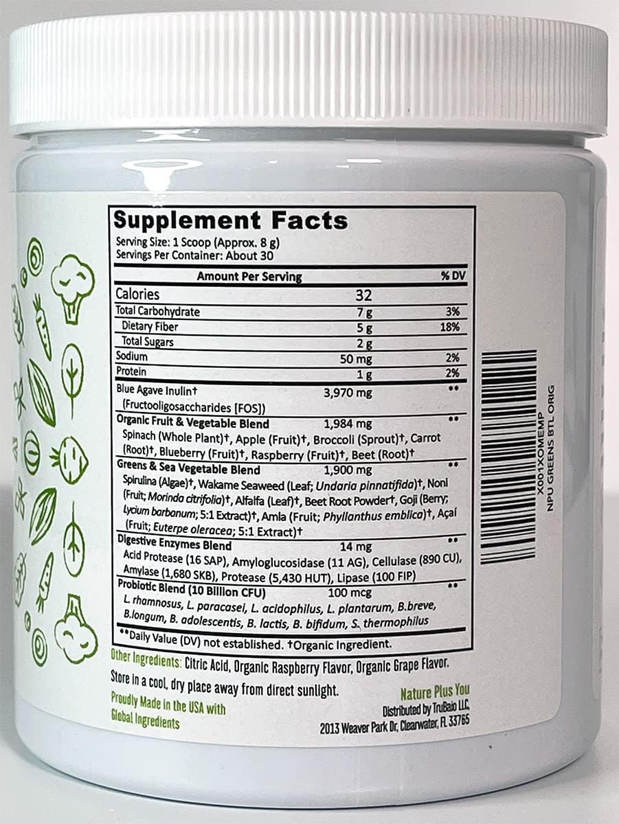 TruBaio Super Greens Powder Organic Blend: Non-GMO Supplement, Includes Spirulina, Alfalfa, Spinach, Probiotics, Fiber and Digestive Enzymes, No Artificial Sweeteners, 30 Servings by Nature Plus You