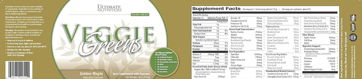 Ultimate Nutrition Veggie Greens Super Food Vegetable Protein Powder with Whole Foods, No Sucralose, Vegan Meal Replacement, Low Carb, Keto,No Gluten, Golden MapleFlavor, 18 Ounces, 64 Servings