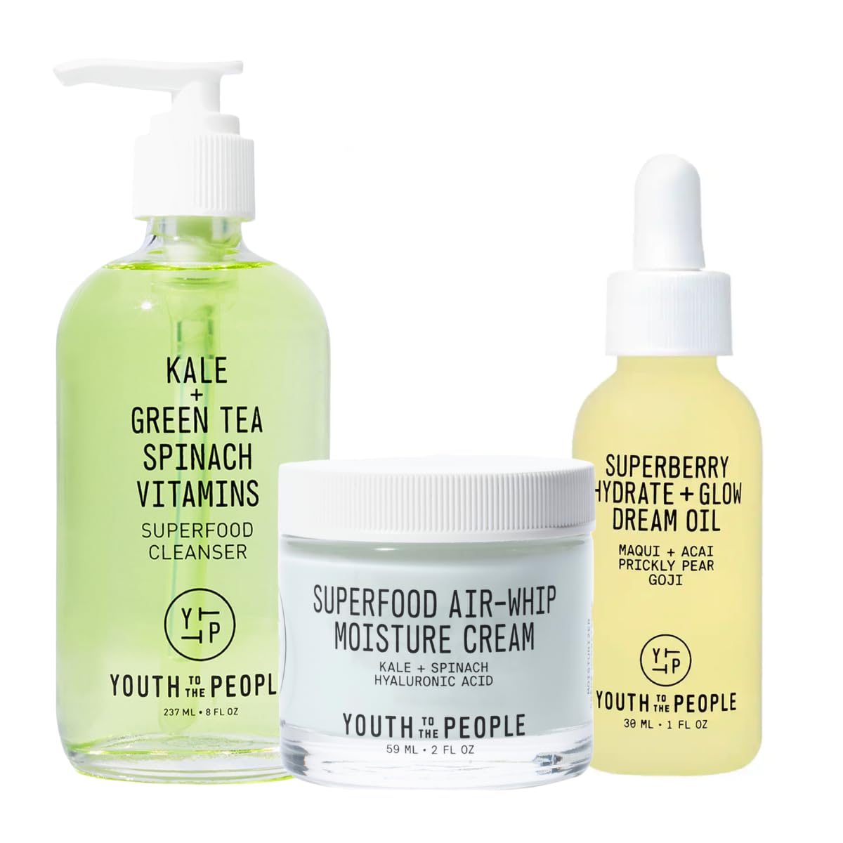 Youth To The People 3-Step Radiance Routine - Superfood Cleanser (8oz) Air-Whip Moisture Cream (2oz) Superberry Hydrate + Glow Dream Oil (1oz) - 3 Product Bundle